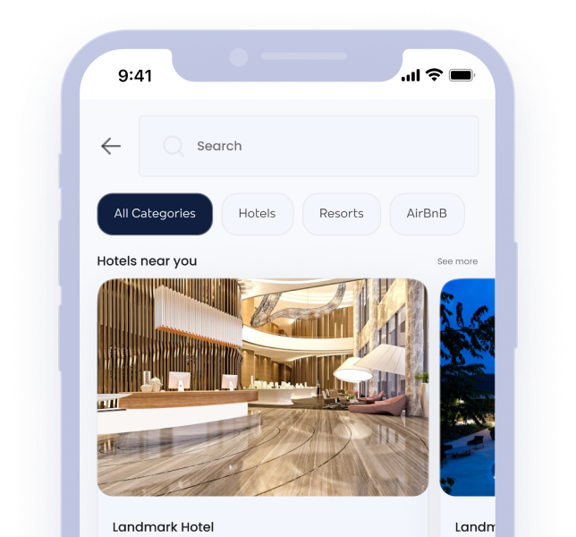 App interface showing hotels